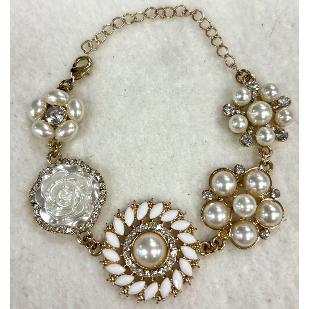 Vintage Gold Tone Faux Pearl Rhinestone Floral Statement Bracelet White